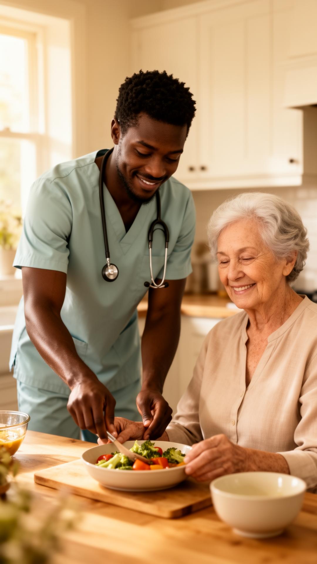 Compassionate male caregiver preparing a healthy meal with a senior client at home